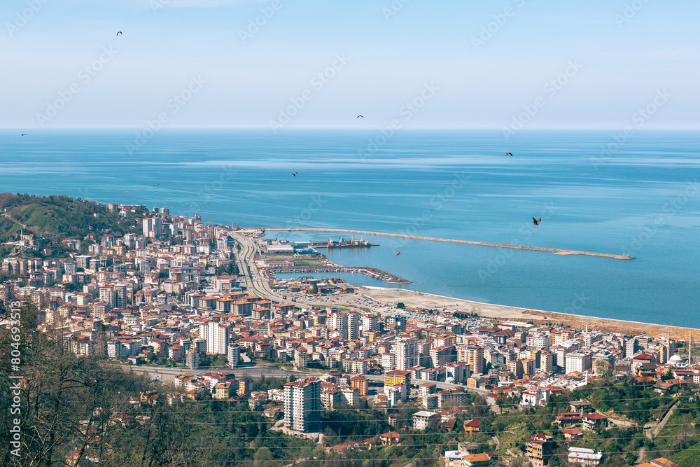 panorama of the city of Rize in the Turkish region of Karadeniz, landscape overview of the cityscape, houses, buildings, the Black Sea coast on a clear sunny day