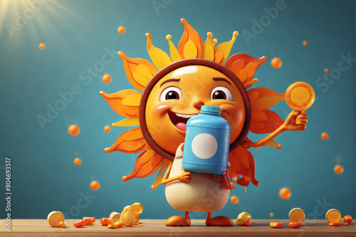 Sunny character with a jar of orange juice, surrounded by flying droplets and flowers on a blue background, symbolizing joy and fun