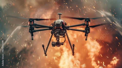 A high-tech firefighting drone extinguishing a blaze with precision water jets © Scott