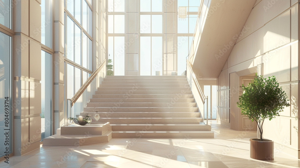 Chic American entrance hall in soft mocha, with a minimalist staircase and panoramic windows. Chic American entrance hall in soft mocha, with a minimalist staircase and panoramic windows.