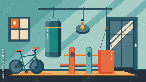 A loft area transformed into a home gym with a suspended punching bag battle ropes and a stationary bike for a fullbody workout.. Vector illustration