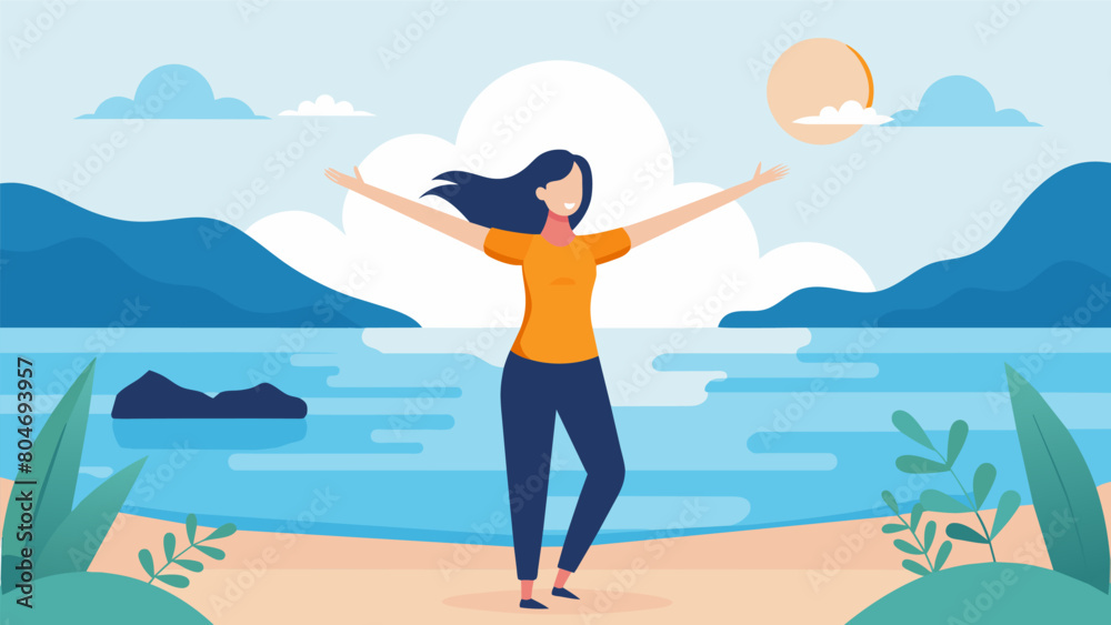 A woman stands at the edge of the shore her arms extended as she practices a breathing technique to help ease her anxiety.. Vector illustration