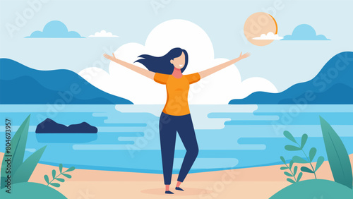 A woman stands at the edge of the shore her arms extended as she practices a breathing technique to help ease her anxiety.. Vector illustration