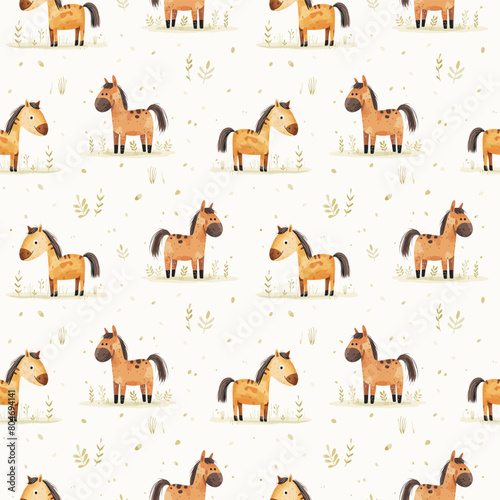 Cute watercolor ponies grazing in a meadow  seamless vector pattern