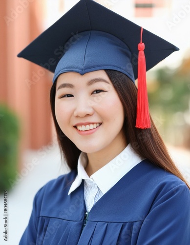 Asian Female Graduate - Celebrating Graduation from College or University - Wearing Graduation Attire - Graduation Hat and Robes - Succesfull Young Adult or Teenager Smiling and Happy