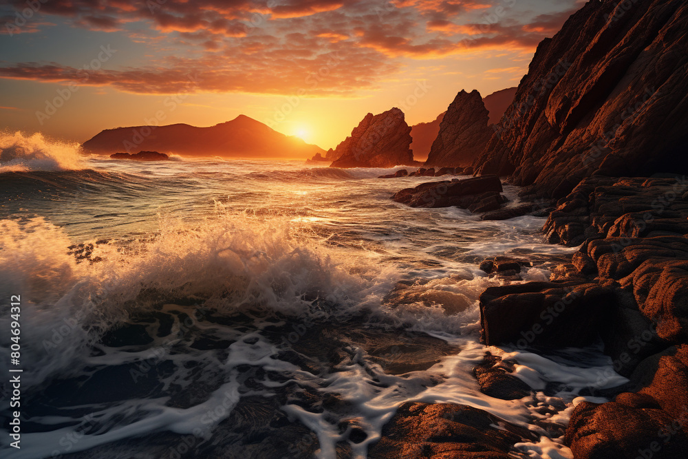 A rugged coastline bathed in the warm hues of the setting sun, with waves crashing against the rocks, isolated on solid white background.