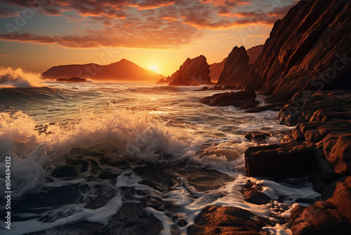 A rugged coastline bathed in the warm hues of the setting sun, with waves crashing against the rocks, isolated on solid white background.