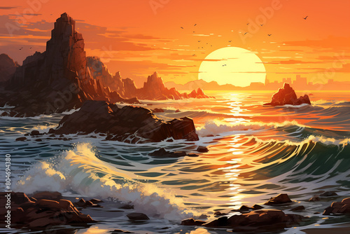 A rugged coastline bathed in the warm hues of the setting sun  with waves crashing against the rocks  isolated on solid white background.