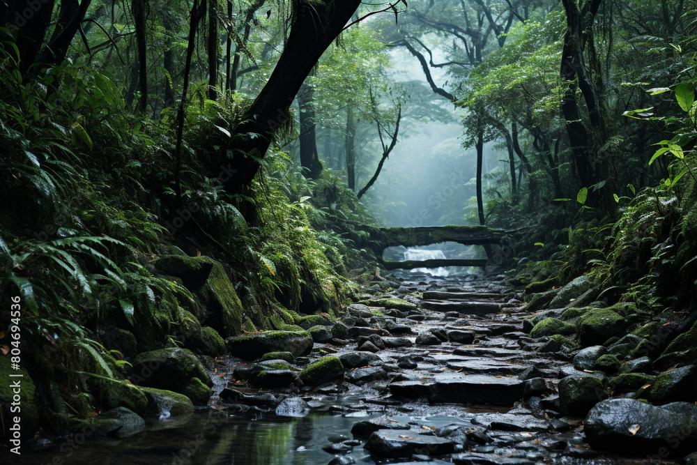 A rugged hiking trail leading through dense forest to a hidden waterfall, isolated on solid white background. A rugged hiking trail leading through dense forest to a hidden waterfall, isolated on solid white background.