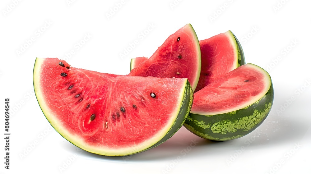 Fresh watermelon slices on a white background. Juicy summer fruit, perfect for healthy eating. Vibrant colors, ideal for advertisements. AI Fresh watermelon slices on a white background. Juicy summer fruit, perfect for healthy eating. Vibrant colors, ideal for advertisements. AI