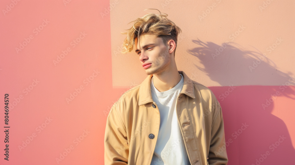 Portrait of a young blond man posing against a bright background on the street. Handsome man in stylish clothes walking outdoors. Fashion, walking concept. Portrait of a young blond man posing against a bright background on the street. Handsome man in stylish clothes walking outdoors. Fashion, walking concept.