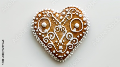 A charming homemade gingerbread heart stands out against a white backdrop