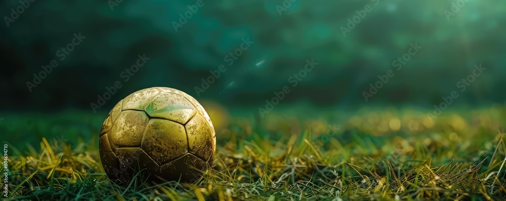 Fototapeta premium gold soccer ball rests on vibrant green grass, highlighted by the sun's ethereal glow.