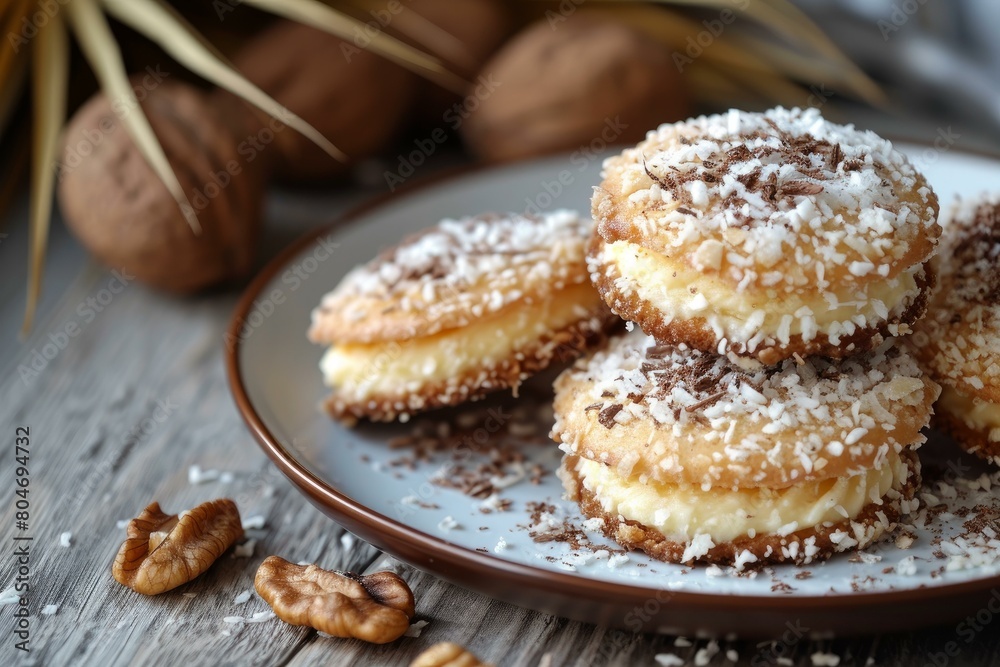 Indulgent Alfajores coconut cookies. Traditional south America dessert pastry biscuits. Generate ai