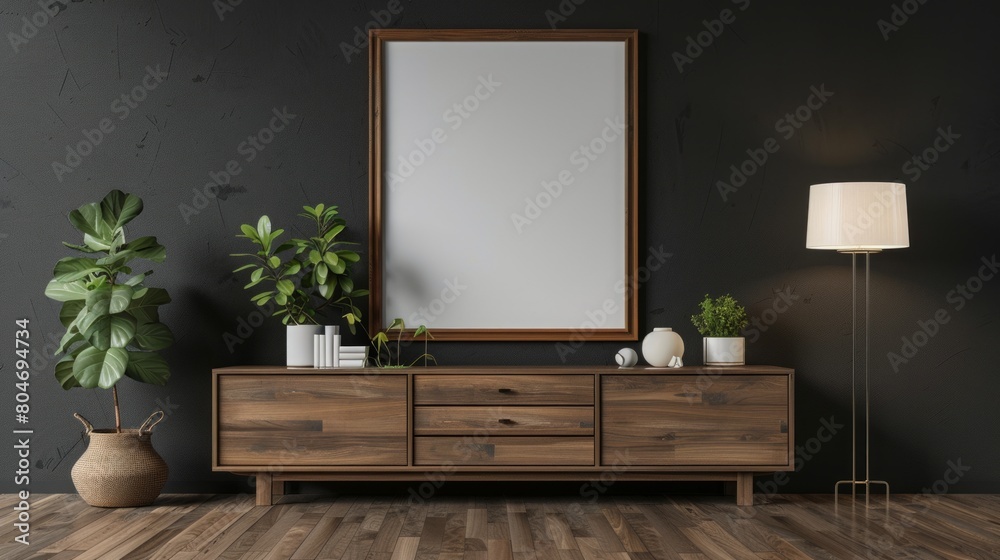 Mockup frame on wood cabinet in living room interior on empty dark wall background. Mockup frame on wood cabinet in living room interior on empty dark wall background.