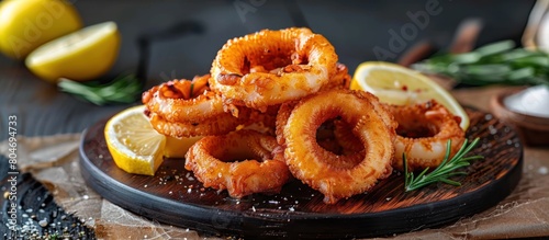 onion ring with lemon and rosemary on plate black background