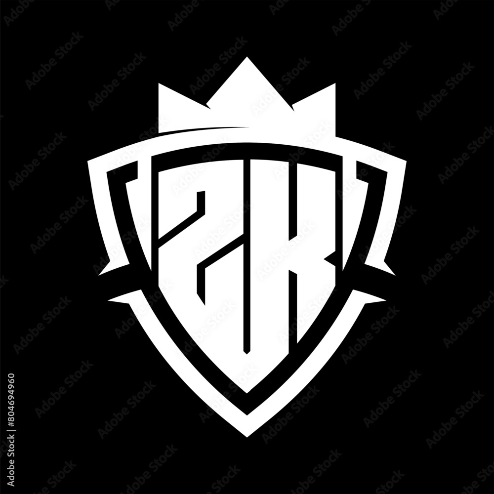 ZK Letter monogram with triangle curve shield shape with crown white and black background color design ZK Letter monogram with triangle curve shield shape with crown white and black background color design