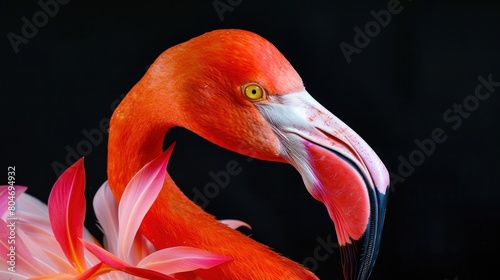 Close-Up of pink Flamingo on Black Background