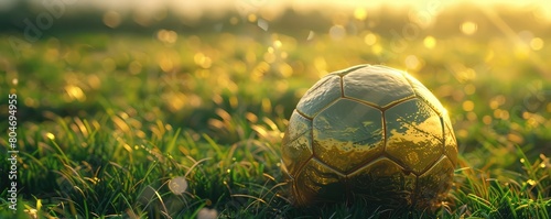 gold soccer ball rests on vibrant green grass, highlighted by the sun's ethereal glow.