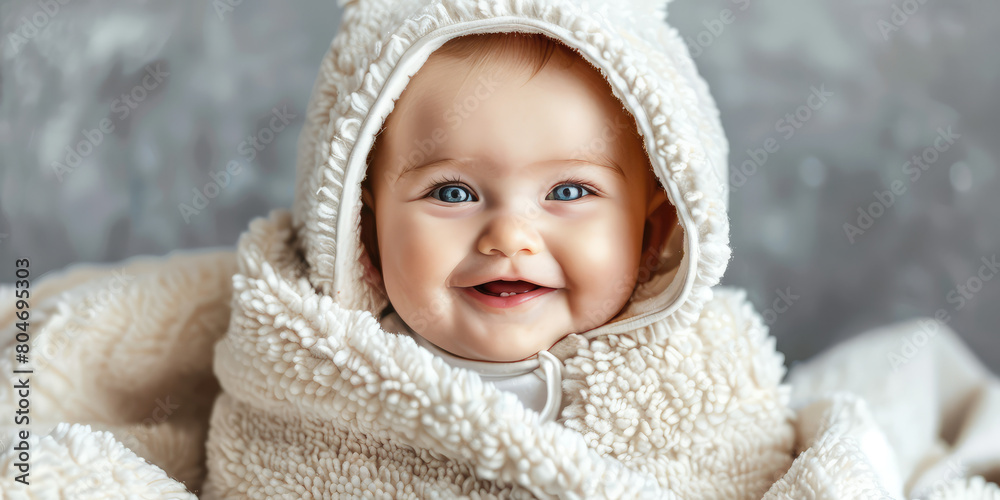 Blushing blue-eyed smiling baby in fluffy terry towel portrait. Clean healthy happy baby after bathing. Blushing blue-eyed smiling baby in fluffy terry towel portrait. Clean healthy happy baby after bathing.
