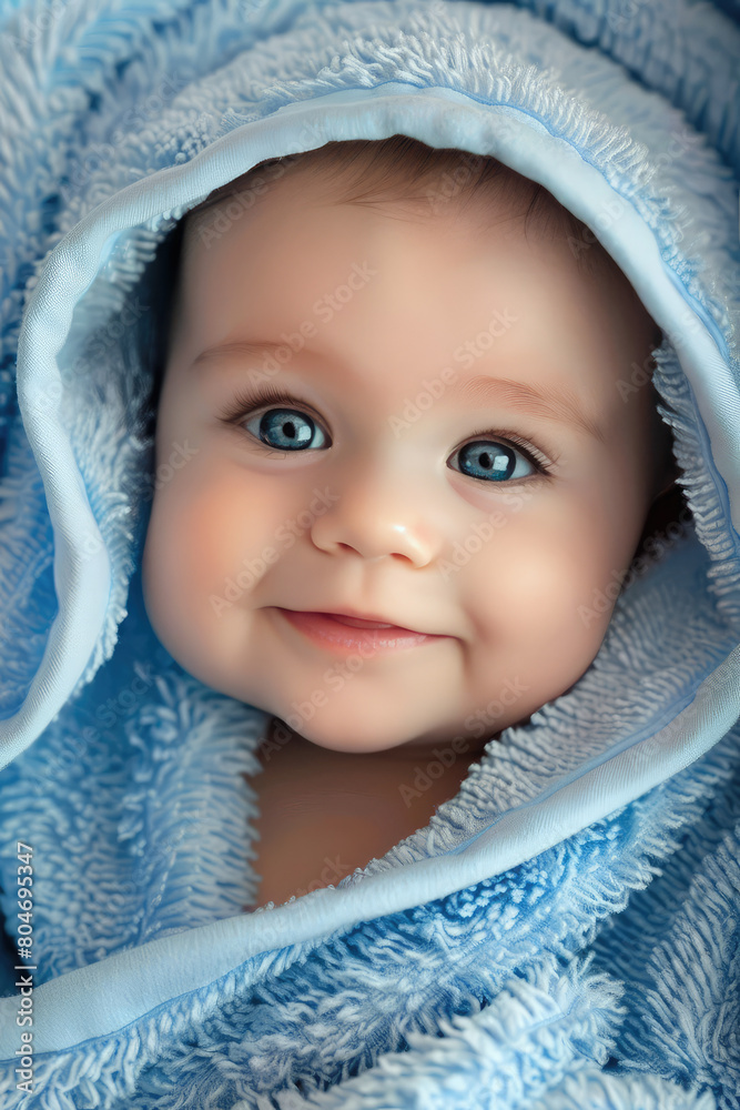 Blushing blue-eyed smiling baby in fluffy terry blue towel portrait. Clean healthy happy baby after bathing. Blushing blue-eyed smiling baby in fluffy terry blue towel portrait. Clean healthy happy baby after bathing.