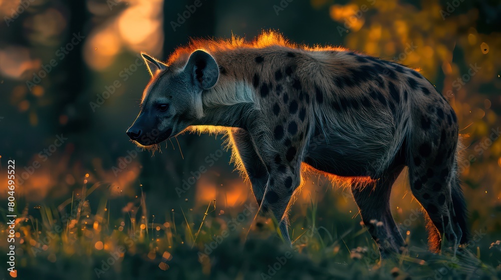 Obraz premium A captivating portrait of a hyena roaming through the wilderness, bathed in the warm glow of golden hour sunlight