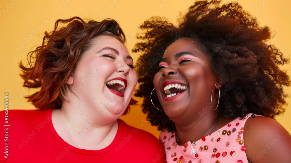 Portrait of two plus-size friends having fun on a pastel background. Happy African American women posing indoors. Concept of body positivity, fun. Portrait of two plus-size friends having fun on a pastel background. Happy African American women posing indoors. Concept of body positivity, fun.