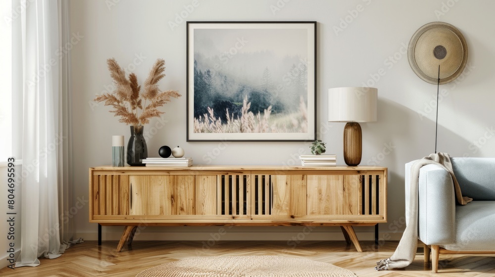 Naklejka premium Mockup photo frame wooden slat white wall mounted on the wooden cabinet.