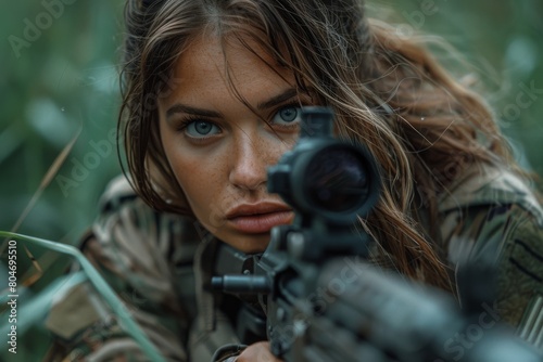 Woman sniper with captivating eyes hiding in grass aiming with precision, in military camouflage © Larisa AI
