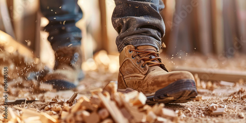 Close-up of workers legs in safety boots walking on scattered sawdust. Woodworking, sawmill, construction and carpentry.