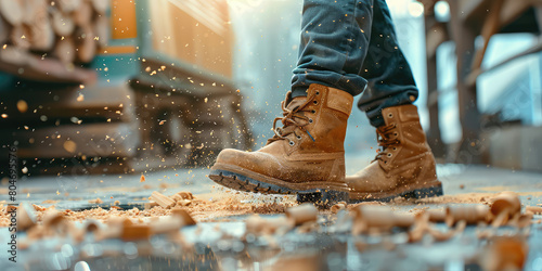 Close-up of workers legs in safety boots walking on scattered sawdust. Woodworking, sawmill, construction and carpentry. photo