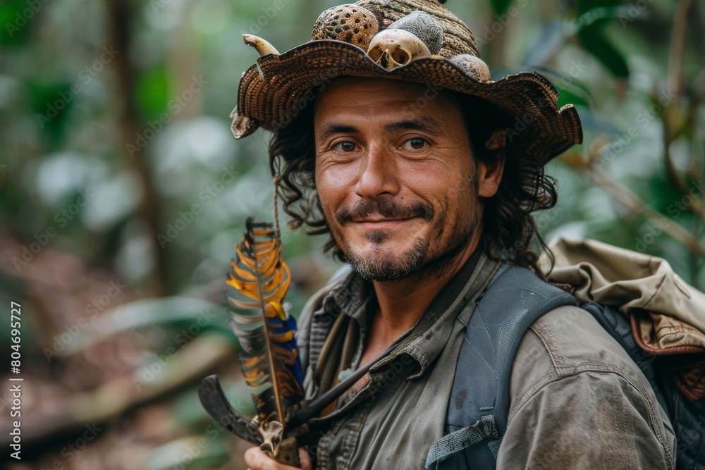 Man wearing a unique hat with a butterfly on it in the jungle His expression is one of content Man wearing a unique hat with a butterfly on it in the jungle His expression is one of content