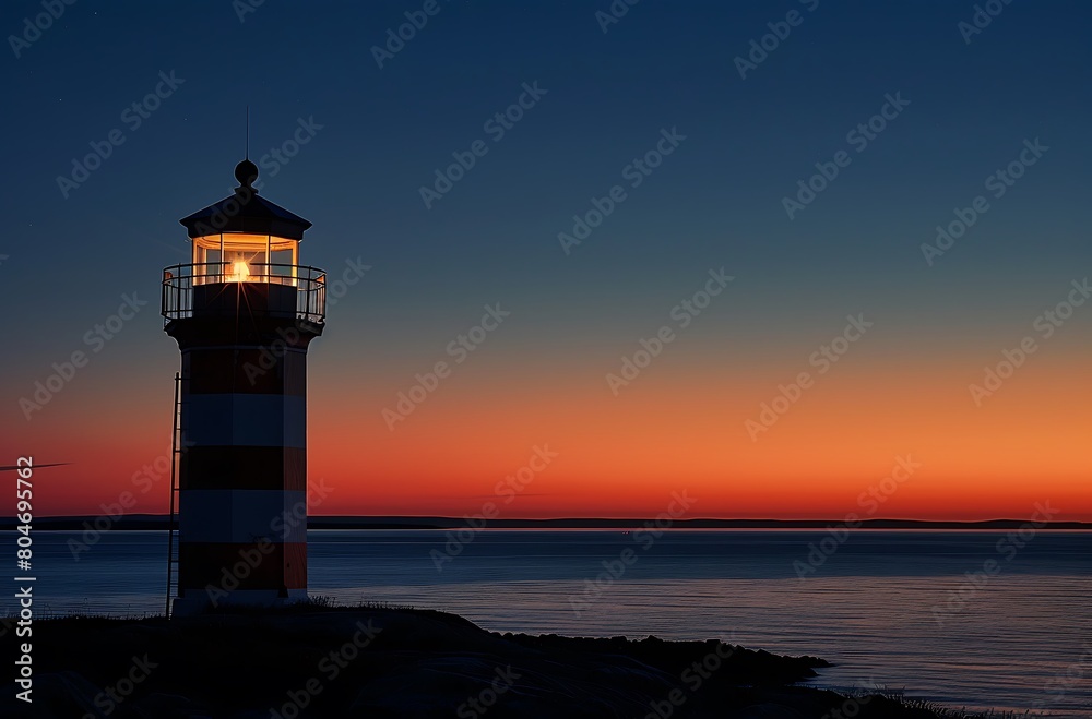 A lighthouse stands tall against the backdrop of an orange and blue sky