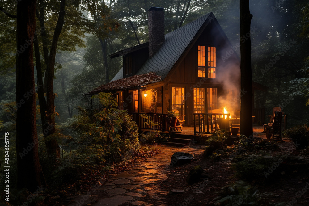 A rustic cabin nestled in the woods, with smoke curling from its chimney in the evening light A rustic cabin nestled in the woods, with smoke curling from its chimney in the evening light