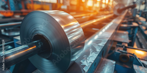 Close-up roll of stainless steel, background with copy space. Roll of thin metal sheets in a factory, industry and production. © SnowElf
