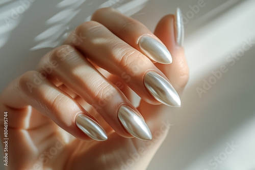 White brilliant luxury nail art on a white background. Close up  well-groomed female hands.