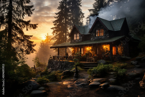 A rustic cabin nestled in the woods  with smoke curling from its chimney in the evening light
