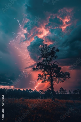 Lightning hits a tree, beautiful storm clouds in the sky at night photo