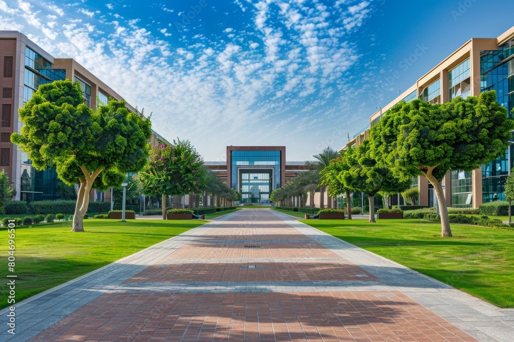 Obraz premium Modern campus, highrise building square in front of the modern university and business center with green lawns and trees, commercial office buildings on both sides Generative AI