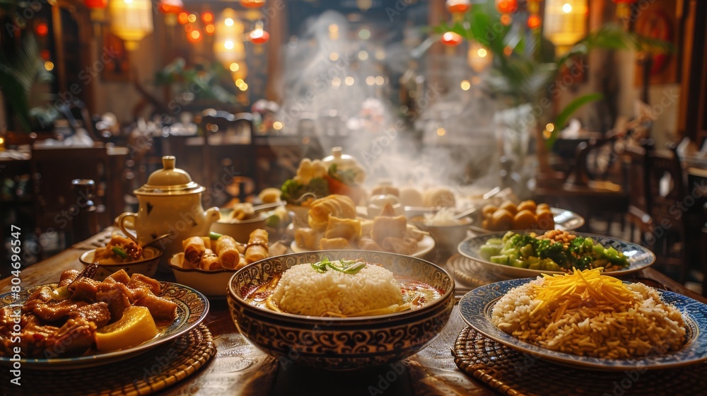 Elaborate Thai banquet table set in a traditional restaurant. Assortment of Thai dishes with steam rising, under warm lighting. Concept of Asian dining experience, cultural feast, authentic cuisine
