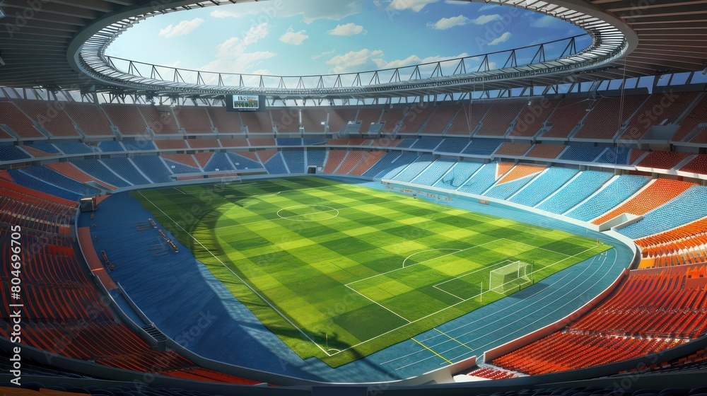 Naklejka premium Stadium with a bright blue sky and rows of orange seating, focusing on the vast football pitch