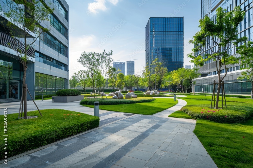 Modern office buildings with green lawns in the background of a commercial and business center Generative AI