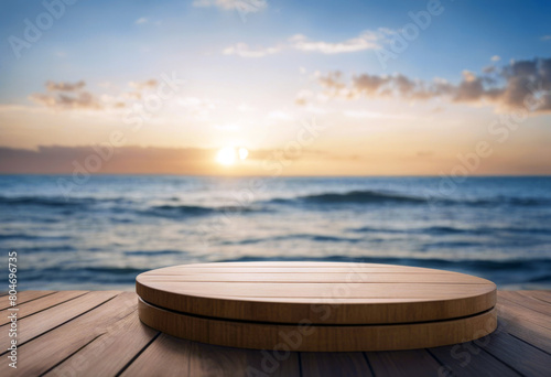 'Wooden Podium Tabletop Blurs Expansive Ocean Coastal Scenery Backdrop Empty splay Case Cosmetic Food Product poduim dais blur display' photo