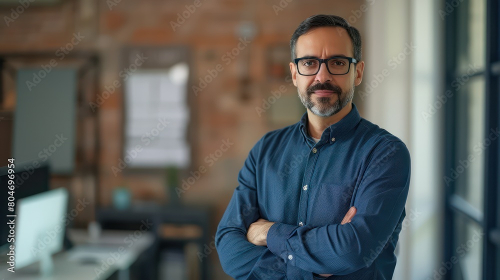 Handsome, bearded man stands confidently with arms crossed in a modern office environment, exuding leadership Handsome, bearded man stands confidently with arms crossed in a modern office environment, exuding leadership