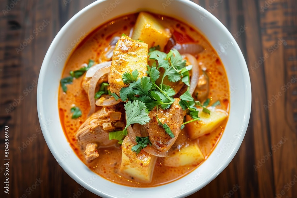 Massaman curry with potatoes and chicken, garnished with cilantro. Rich Thai curry served on plate. Concept of Thai cuisine, flavorful dishes, comfort food, Asian culinary tradition. top view Massaman curry with potatoes and chicken, garnished with cilantro. Rich Thai curry served on plate. Concept of Thai cuisine, flavorful dishes, comfort food, Asian culinary tradition. top view