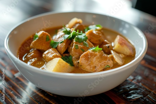 Massaman curry with potatoes and chicken, garnished with cilantro. Rich Thai curry served on plate. Concept of Thai cuisine, flavorful dishes, comfort food, Asian culinary