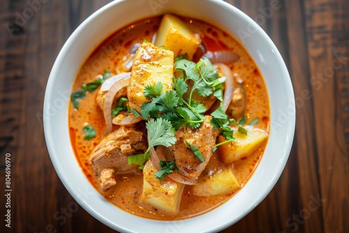 Massaman curry with potatoes and chicken, garnished with cilantro. Rich Thai curry served on plate. Concept of Thai cuisine, flavorful dishes, comfort food, Asian culinary tradition. top view