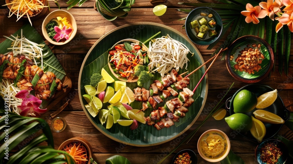 Traditional Thai Som Tum with fresh shrimp in a bowl. Colorful Thai papaya salad garnished with vegetables and herbs. Concept of authentic Asian cuisine, traditional dish. Top view Traditional Thai Som Tum with fresh shrimp in a bowl. Colorful Thai papaya salad garnished with vegetables and herbs. Concept of authentic Asian cuisine, traditional dish. Top view
