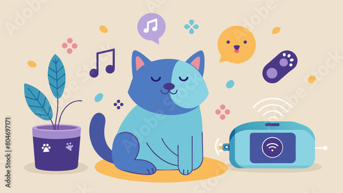 An intuitive device that detects and responds to your pets stress levels with calming music or essential oils promoting relaxation and reducing. Vector illustration