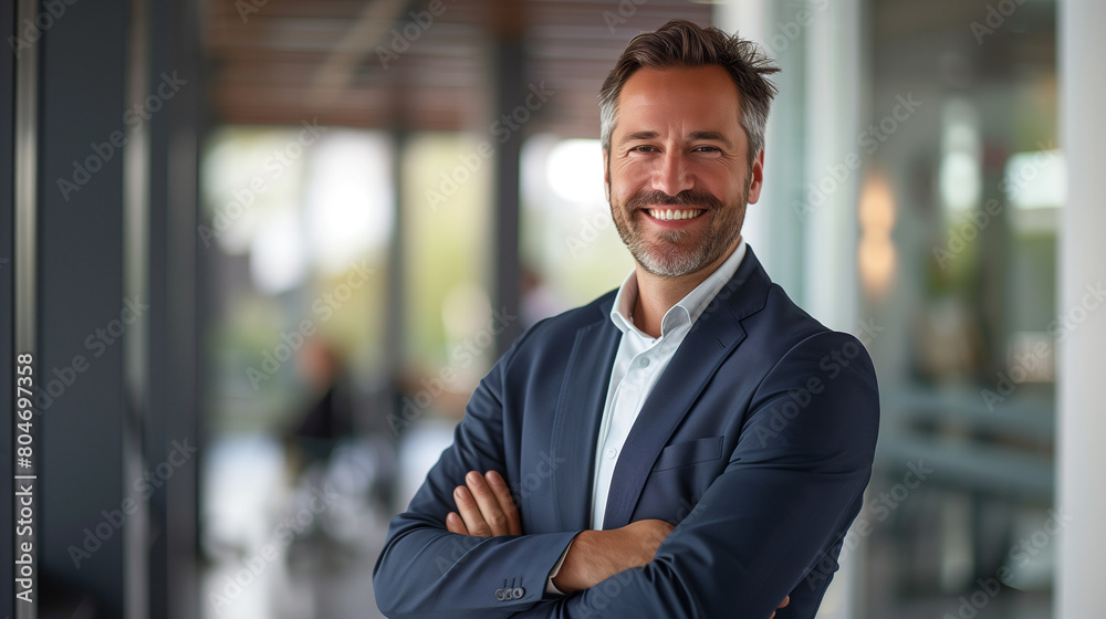 Confident businessman smiling in office environment, arms crossed, wearing a blue suit. Confident businessman smiling in office environment, arms crossed, wearing a blue suit.
